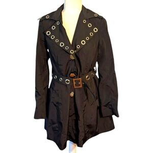 Black Trenchcoat Silver Rivets, Buttons Belted  Chic Sex In The City Vibe Sz M